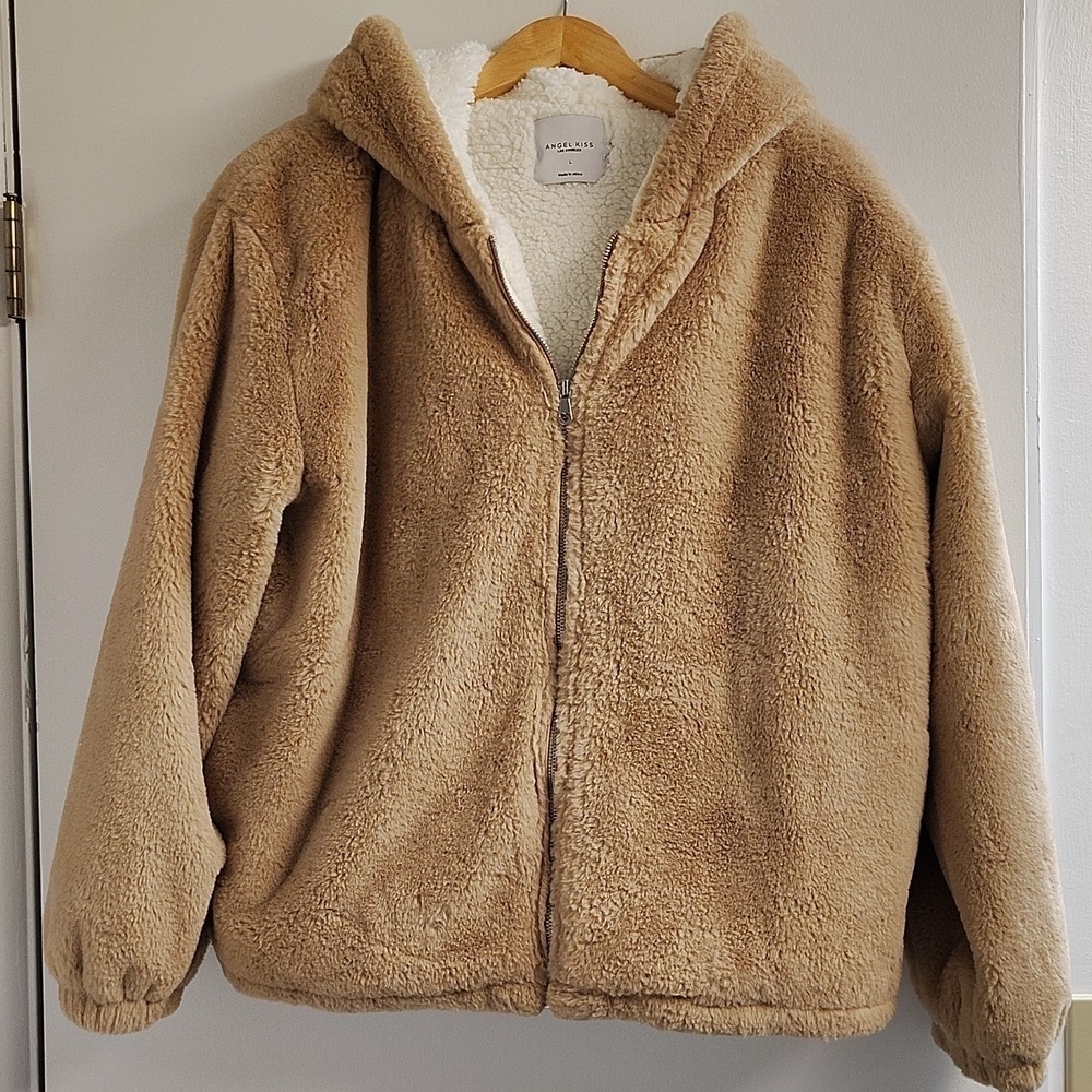 Angel Kiss Los Angeles Oatmeal Cream Faux Fur Zip Hooded Jacket Coat Large